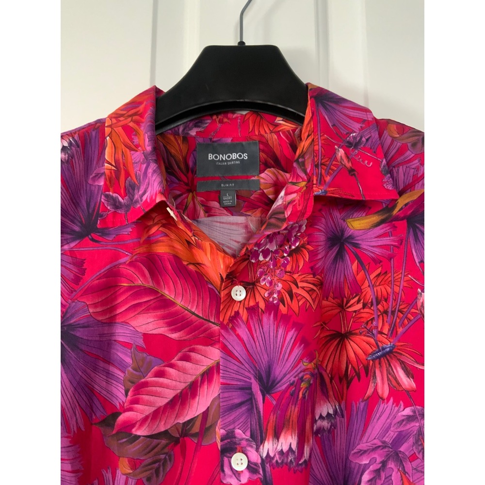 Bonobos Slim Fit Short Sleeve Button Down Shirt Pink Purple Floral Tropical L